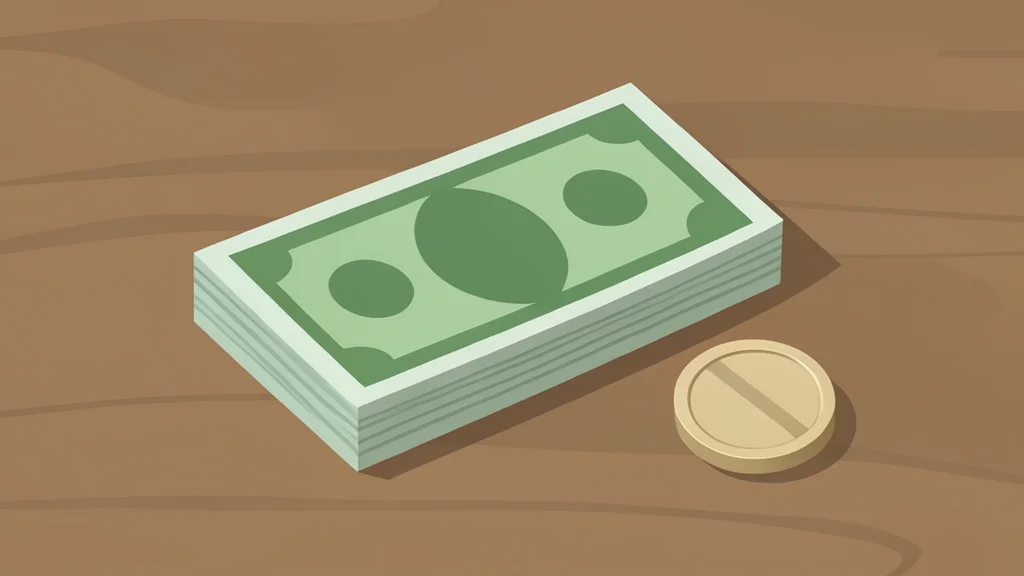 A stack of paper banknotes and a single coin resting on a wooden desk
