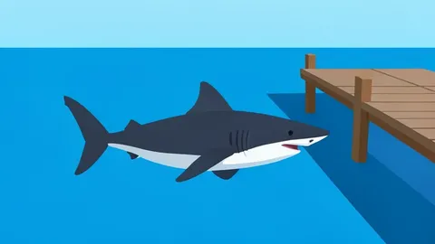 A large shark swimming in the water near a harbor dock