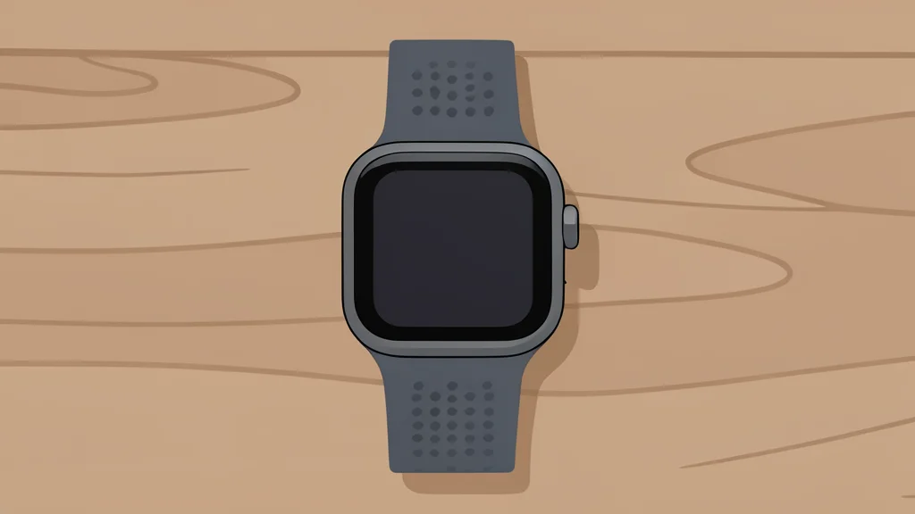 A flat-vector illustration of a smartwatch with a textured band resting on a wooden surface.