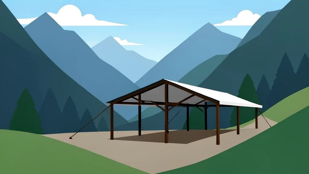 A temporary shelter structure set up in a mountainous valley landscape