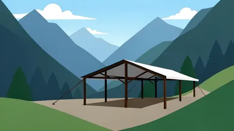A temporary shelter structure set up in a mountainous valley landscape