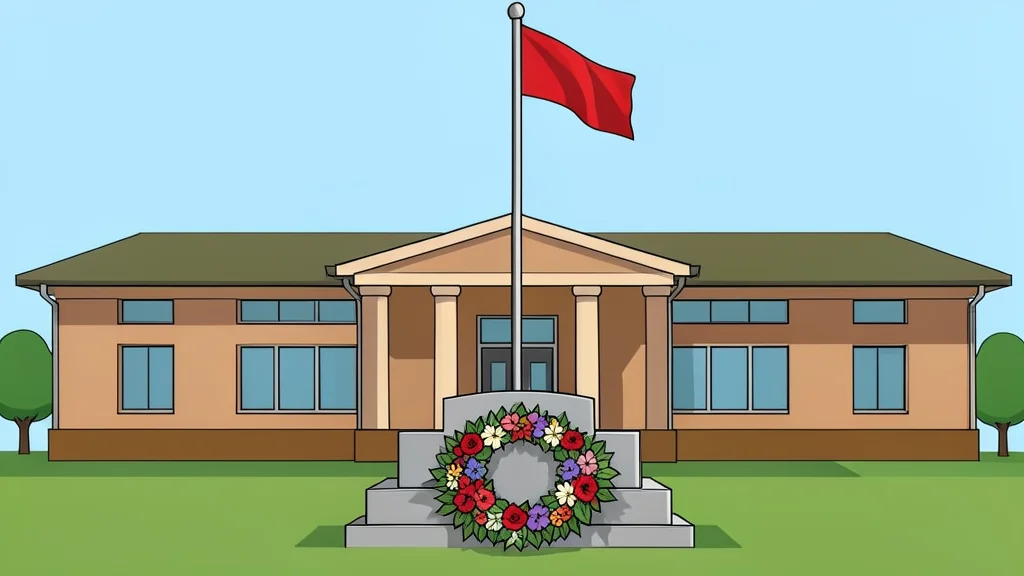 A military headquarters building with a flagpole and a wreath of flowers laid at a memorial stone
