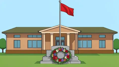 A military headquarters building with a flagpole and a wreath of flowers laid at a memorial stone