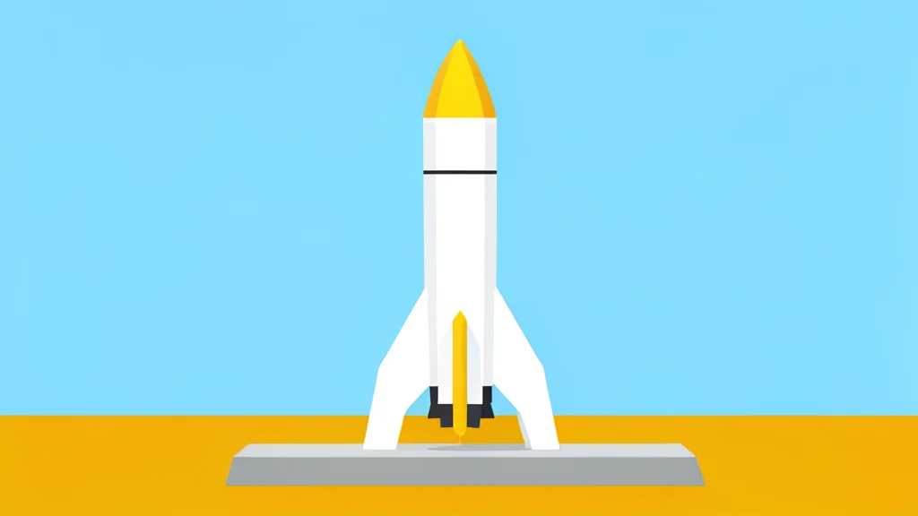 A white rocket standing vertically on a concrete launch pad