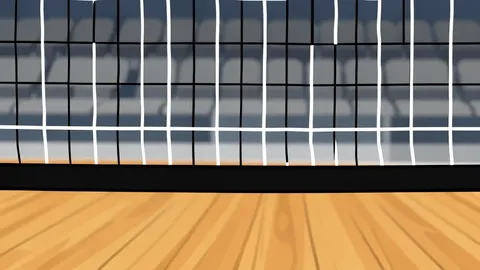 A white volleyball resting on a polished wooden court floor