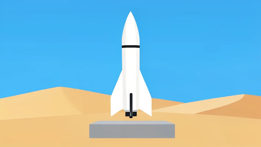 A white rocket standing vertically on a concrete launch pad in a desert landscape