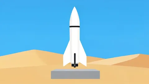 A white rocket standing vertically on a concrete launch pad in a desert landscape