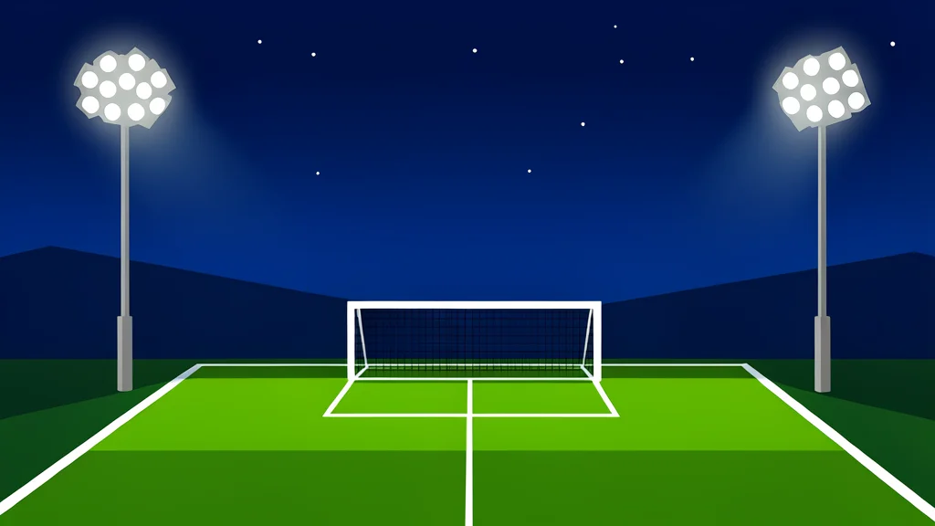 A football pitch with floodlights and goalposts under a night sky