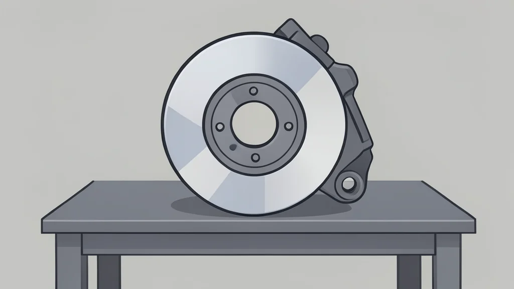 A polished metal automotive brake rotor and caliper assembly resting on a workshop bench.