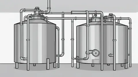 A pharmaceutical manufacturing facility with stainless steel mixing tanks and piping