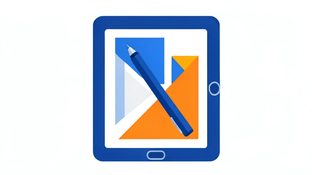 A digital drawing tablet with a stylus resting on a canvas displaying abstract geometric shapes