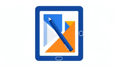 A digital drawing tablet with a stylus resting on a canvas displaying abstract geometric shapes