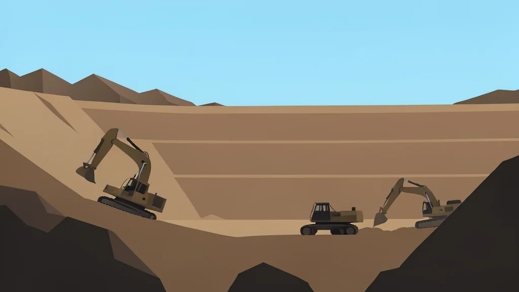 A large open-pit mine with terraced earth walls and heavy industrial excavators operating in a rocky landscape