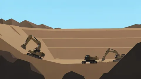 A large open-pit mine with terraced earth walls and heavy industrial excavators operating in a rocky landscape