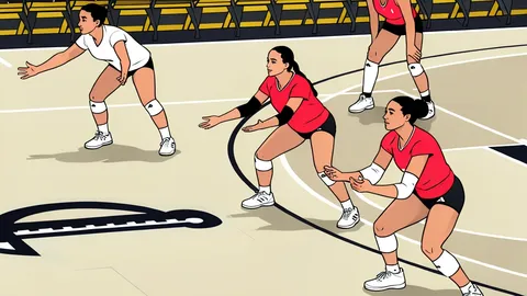A white volleyball resting on a polished wooden gymnasium floor