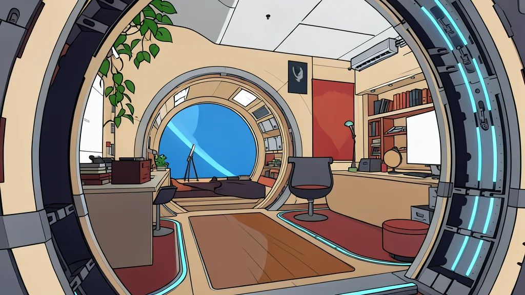 A futuristic space station interior with metallic corridors and control panels