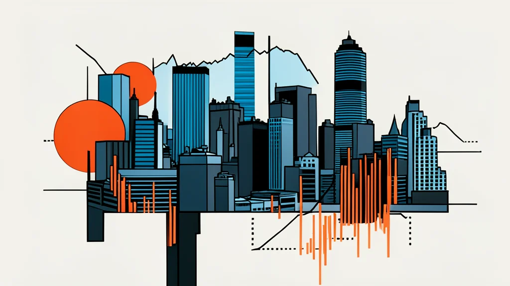 A minimalist vector illustration of a trading floor with rows of desks and monitors.