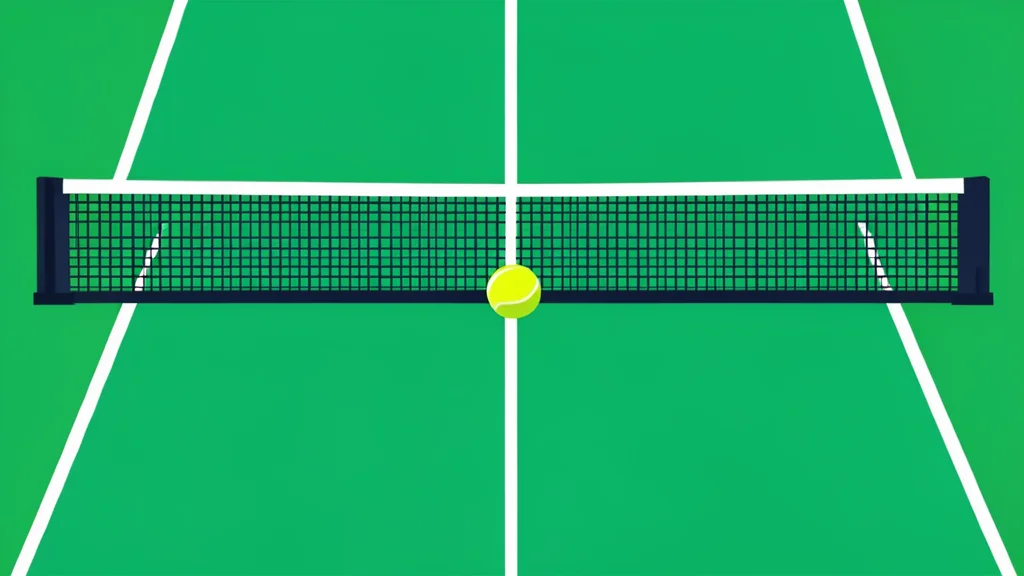 A stylized tennis court with a net and ball