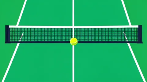 A stylized tennis court with a net and ball