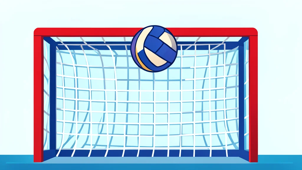 A handball in mid-air near a net, capturing the moment of a goal.