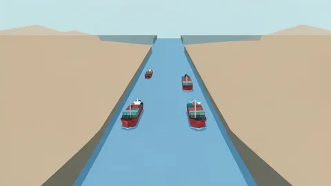 A flat vector illustration of cargo ships navigating the narrow Bab el-Mandeb Strait between two landmasses.