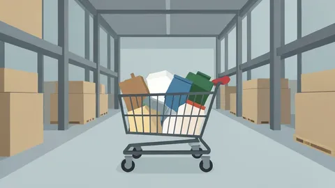 A shopping cart filled with generic household goods in a large warehouse-style store aisle