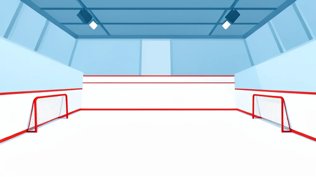 A wide-angle view of an indoor ice hockey arena with a pristine white ice surface and two red goal nets positioned at opposite ends.