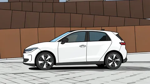 A modern electric hatchback parked in a clean, industrial factory assembly bay with soft lighting.