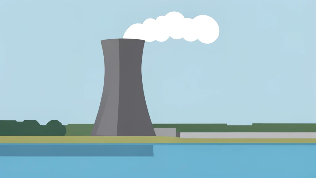 A large industrial cooling tower with steam rising from the top, situated next to a river.