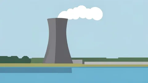 A large industrial cooling tower with steam rising from the top, situated next to a river.