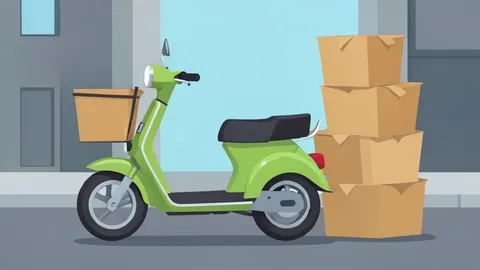 A delivery scooter parked on a city street next to a stack of cardboard takeout containers