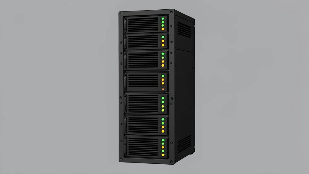 A server rack with blinking status lights