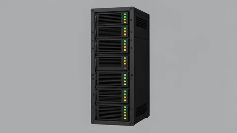 A server rack with blinking status lights