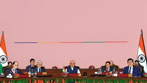 A cluster of modern government conference halls with rows of empty chairs and microphones