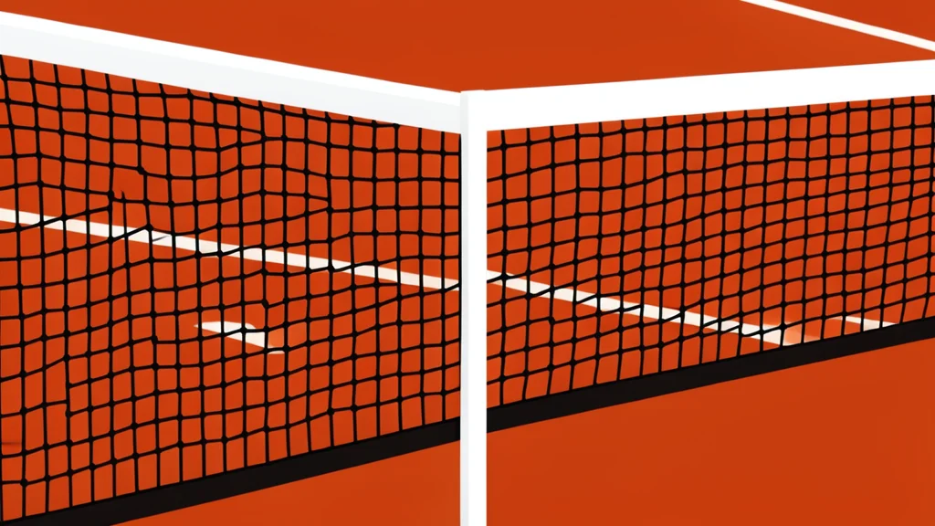 A red clay tennis court with white boundary lines and a net stretched across the center