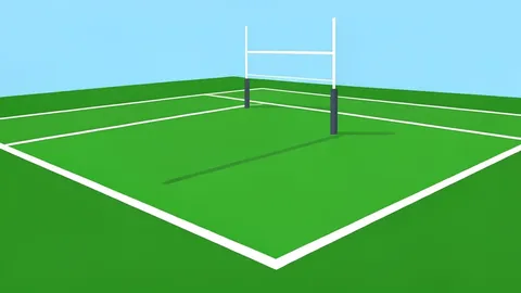 A grassy sports field with white boundary lines and goalposts under a clear sky.
