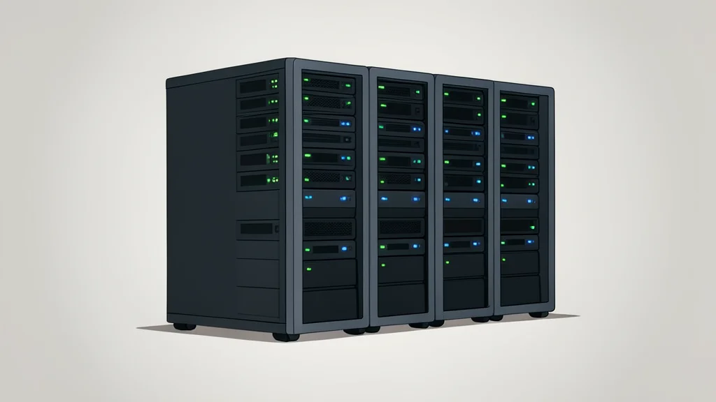A cluster of high-performance computing servers with glowing status lights in a home server room