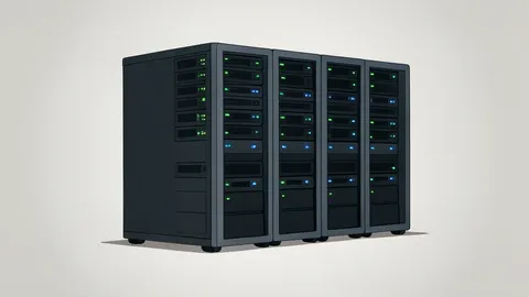 A cluster of high-performance computing servers with glowing status lights in a home server room