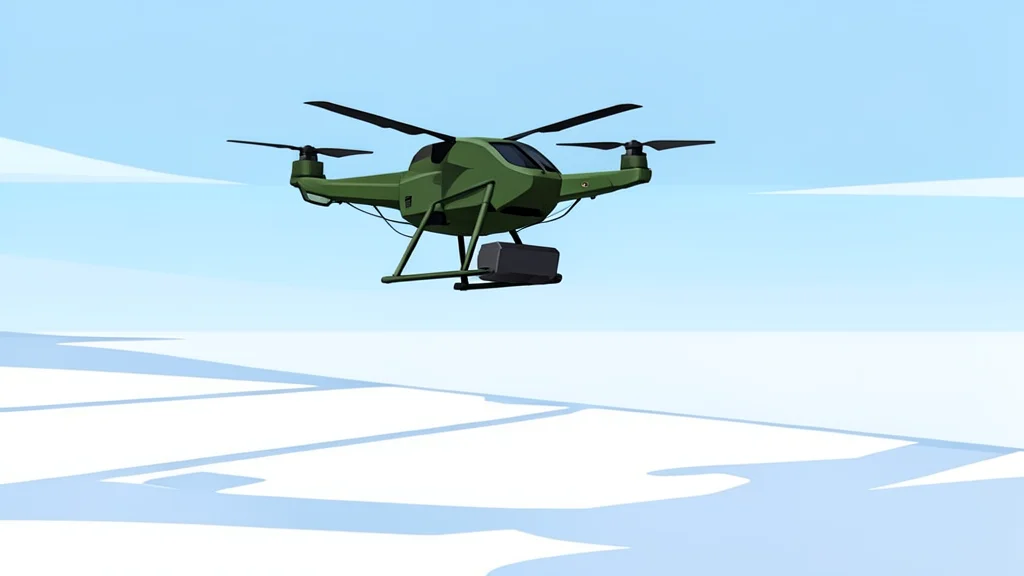 A flat-vector illustration of a military drone hovering over a frozen, snow-covered field.