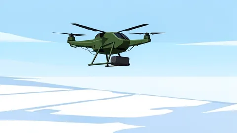 A flat-vector illustration of a military drone hovering over a frozen, snow-covered field.