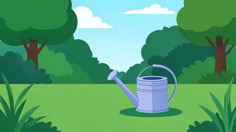 A quiet garden with a watering can resting on the grass