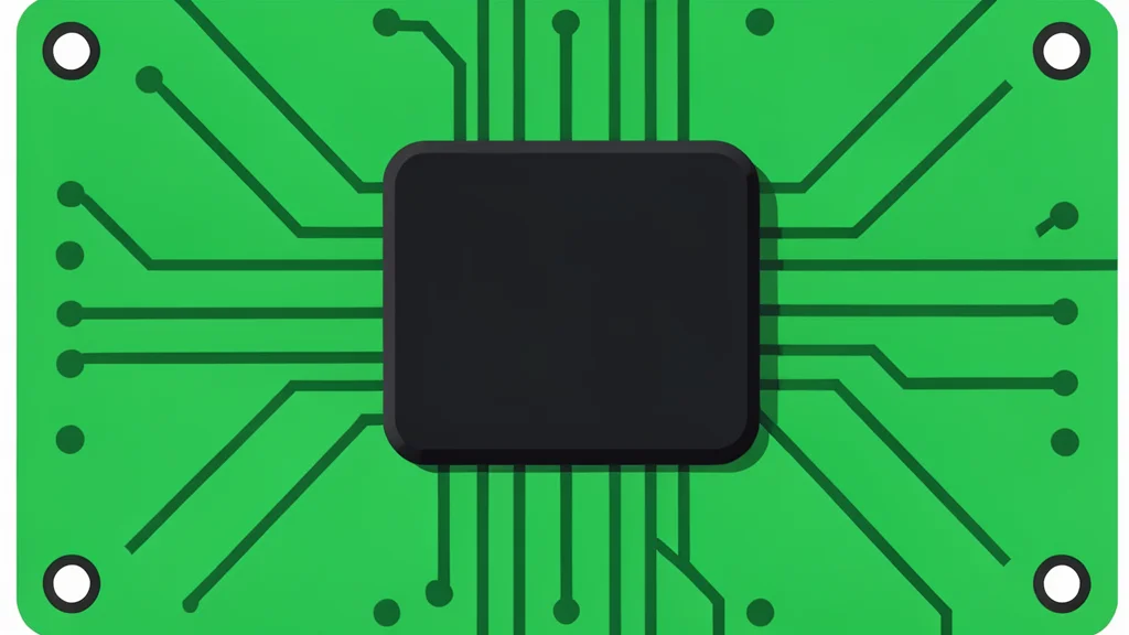 A flat vector illustration of a green circuit board with a large black square chip in the center.