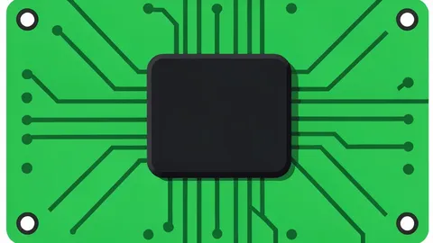 A flat vector illustration of a green circuit board with a large black square chip in the center.