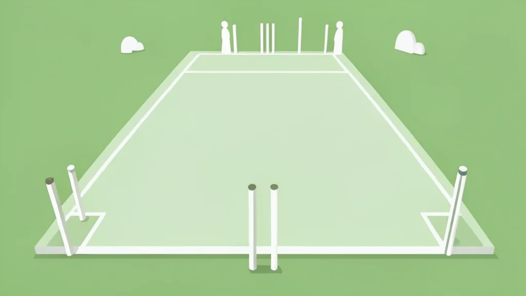A flat-vector illustration of a cricket pitch with stumps at each end, surrounded by a green grass outfield and a few stylized figures in the stands, rendered in clean lines and soft colors.