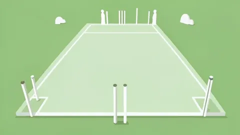 A flat-vector illustration of a cricket pitch with stumps at each end, surrounded by a green grass outfield and a few stylized figures in the stands, rendered in clean lines and soft colors.