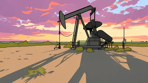 A row of black steel oil pumpjacks operating in a flat, arid landscape under a clear sky