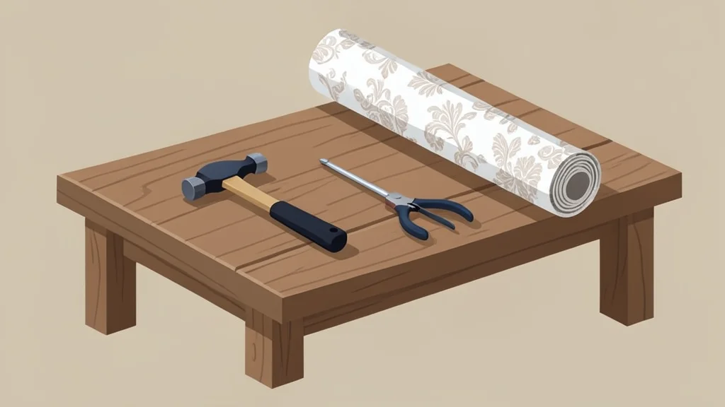 A wooden workbench with hand tools and a roll of wallpaper