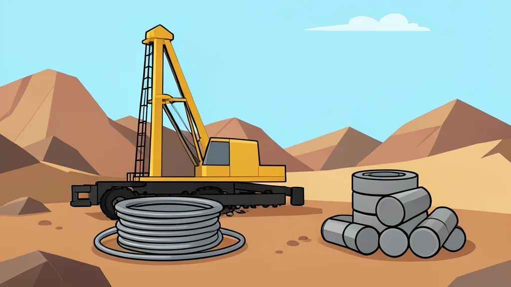 A drilling rig standing in a dry, rocky landscape with a spool of steel cable and a stack of cylindrical rock core samples on the ground
