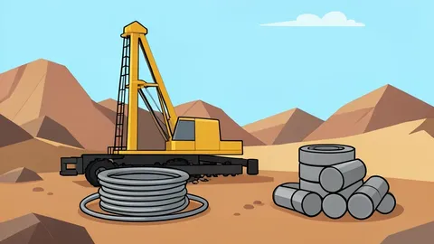 A drilling rig standing in a dry, rocky landscape with a spool of steel cable and a stack of cylindrical rock core samples on the ground