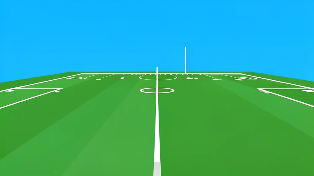A green grass football field with white yard lines and goalposts at the end zone